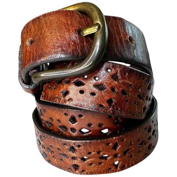 Vintage Brown Leather Western Punched Perforated Design L - Picture 1 of 3